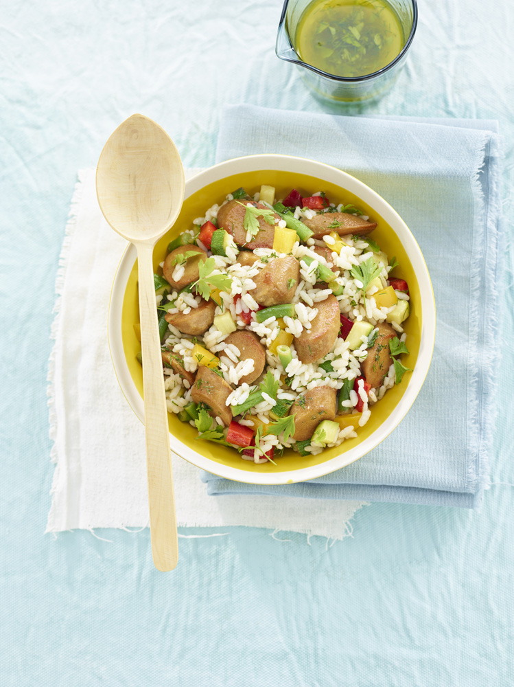 insalata di riso con wurstel di ceci